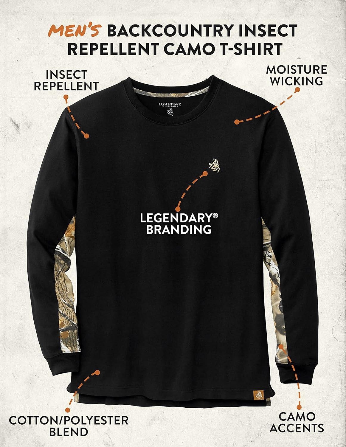imageLegendary Whitetails Mens Backcountry Long Sleeve Camo Tshirt Casual Crewneck Pullover Regular FitBlack