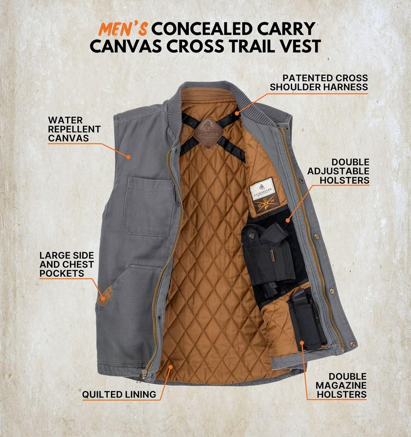 imageLegendary Whitetails Mens Concealed Carry CCW Vest with Two Holsters WaterRepellent Canvas InsulatedCharcoal