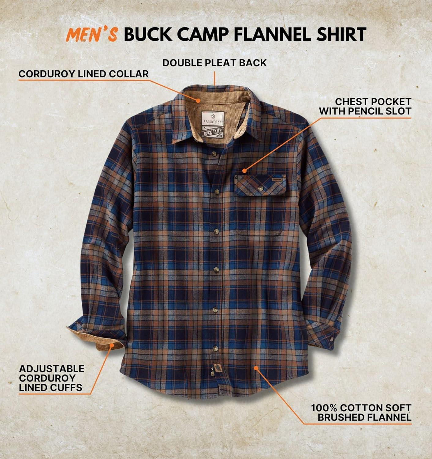 imageLegendary Whitetails Mens Flannel Shirt Long Sleeve Button Down 100 CottonBrownstone Plaid