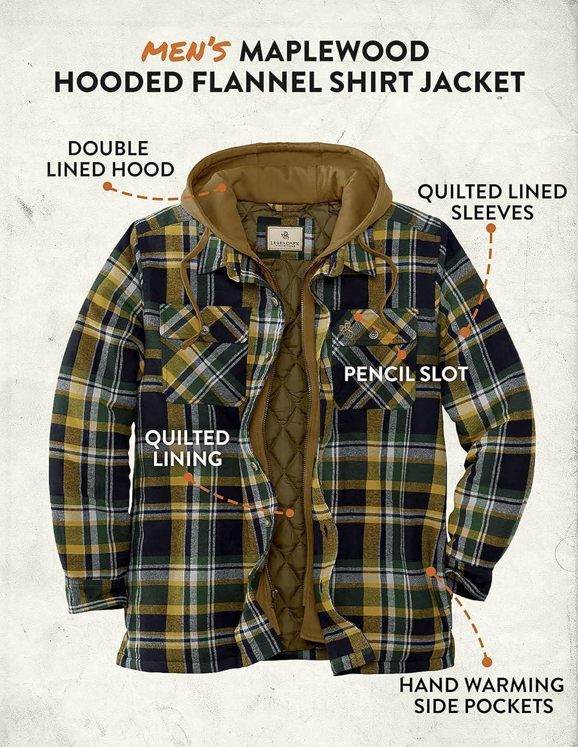 imageLegendary Whitetails Mens Plaid Flannel Shirt Jacket Quilted with Hood Polyfill InsulatedField Tract Plaid