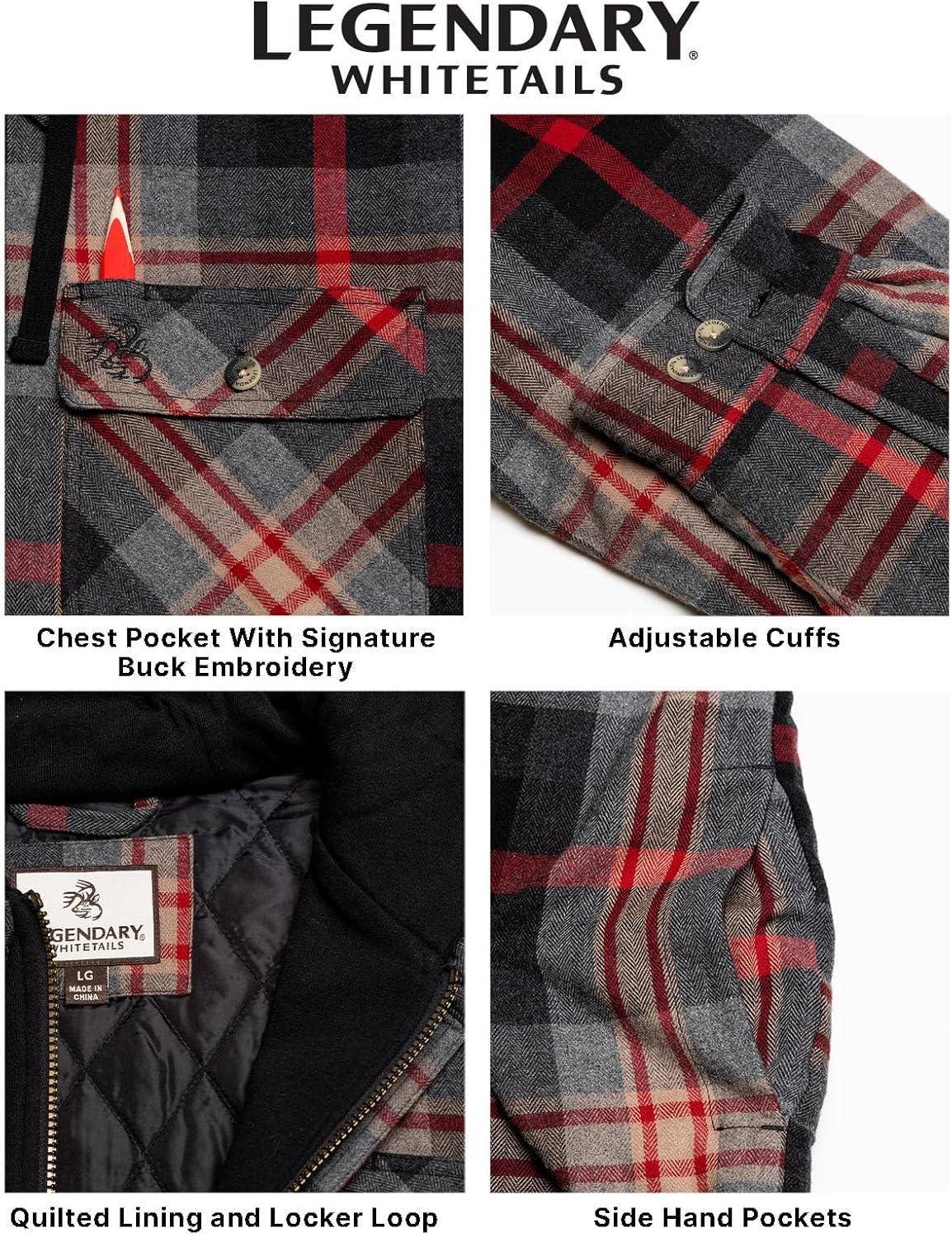 imageLegendary Whitetails Mens Plaid Flannel Shirt Jacket Quilted with Hood Polyfill InsulatedLocomotive Plaid