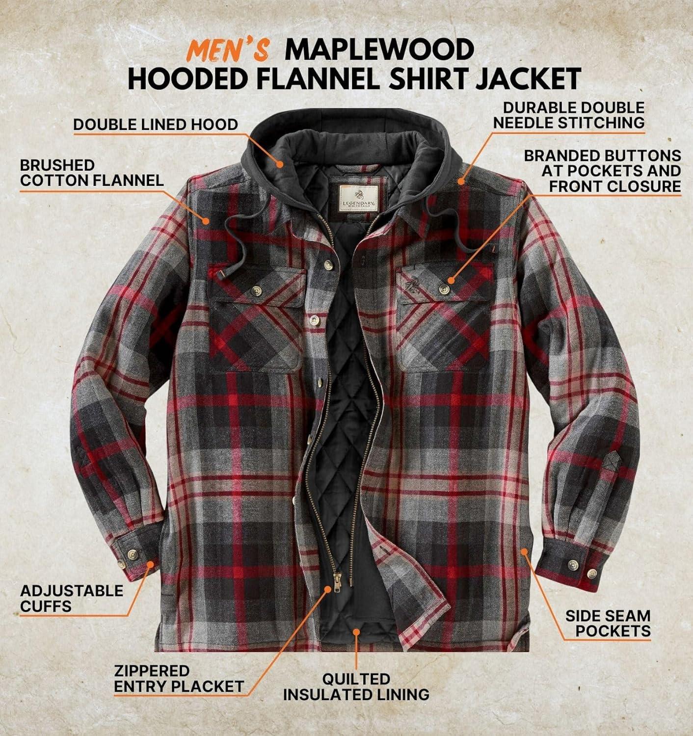 imageLegendary Whitetails Mens Plaid Flannel Shirt Jacket Quilted with Hood Polyfill InsulatedLocomotive Plaid