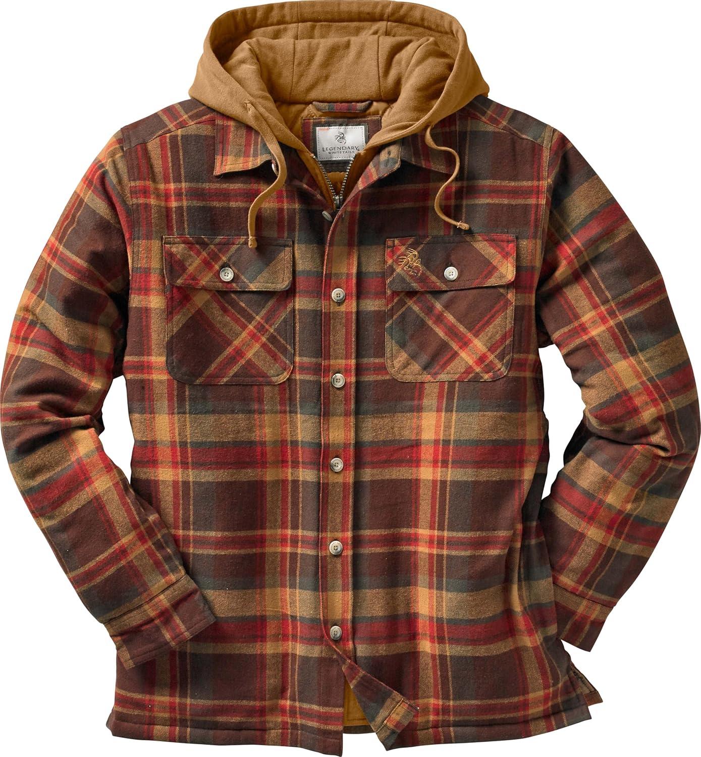 imageLegendary Whitetails Mens Plaid Flannel Shirt Jacket Quilted with Hood Polyfill InsulatedMaplewood Plaid