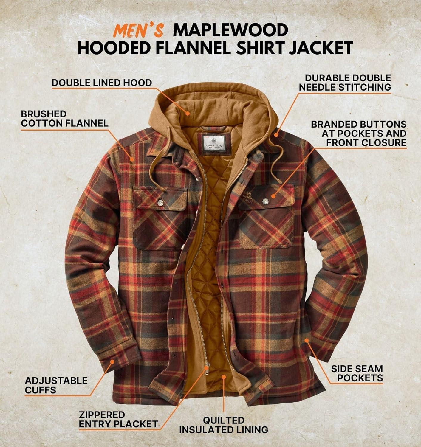 imageLegendary Whitetails Mens Plaid Flannel Shirt Jacket Quilted with Hood Polyfill InsulatedMaplewood Plaid
