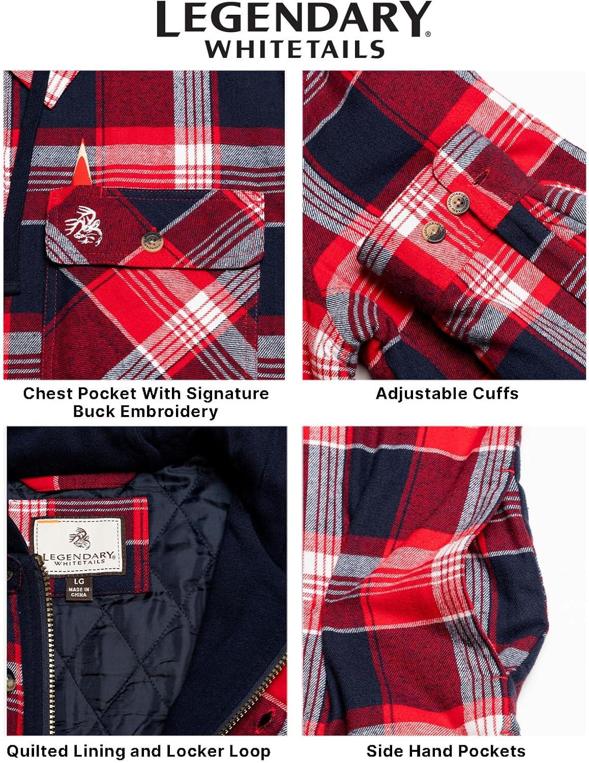 imageLegendary Whitetails Mens Plaid Flannel Shirt Jacket Quilted with Hood Polyfill InsulatedRed Rover Plaid