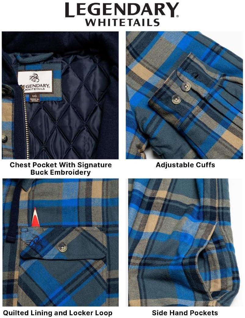 imageLegendary Whitetails Mens Plaid Flannel Shirt Jacket Quilted with Hood Polyfill InsulatedSlate Hatchet Plaid
