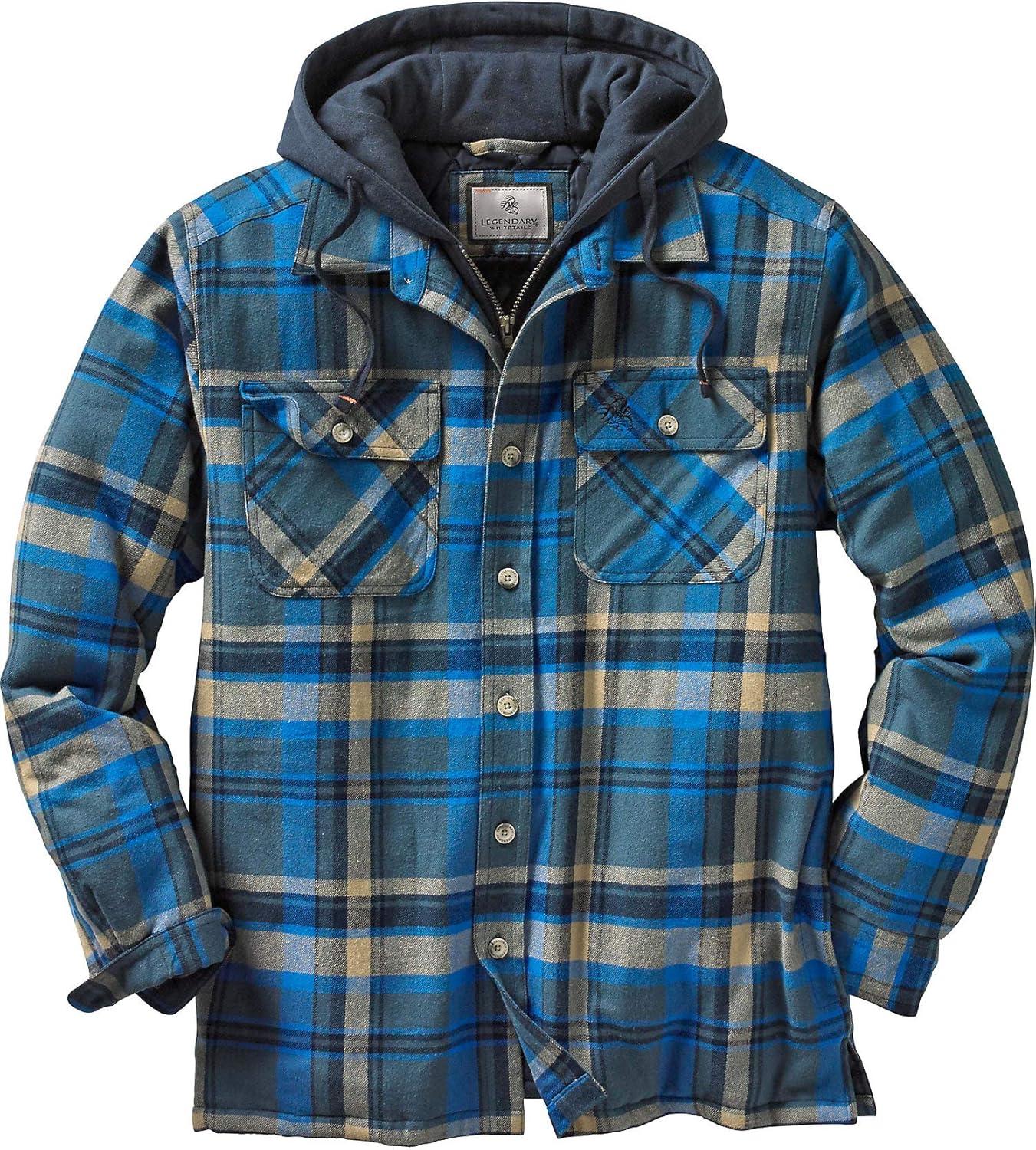 imageLegendary Whitetails Mens Plaid Flannel Shirt Jacket Quilted with Hood Polyfill InsulatedSlate Hatchet Plaid