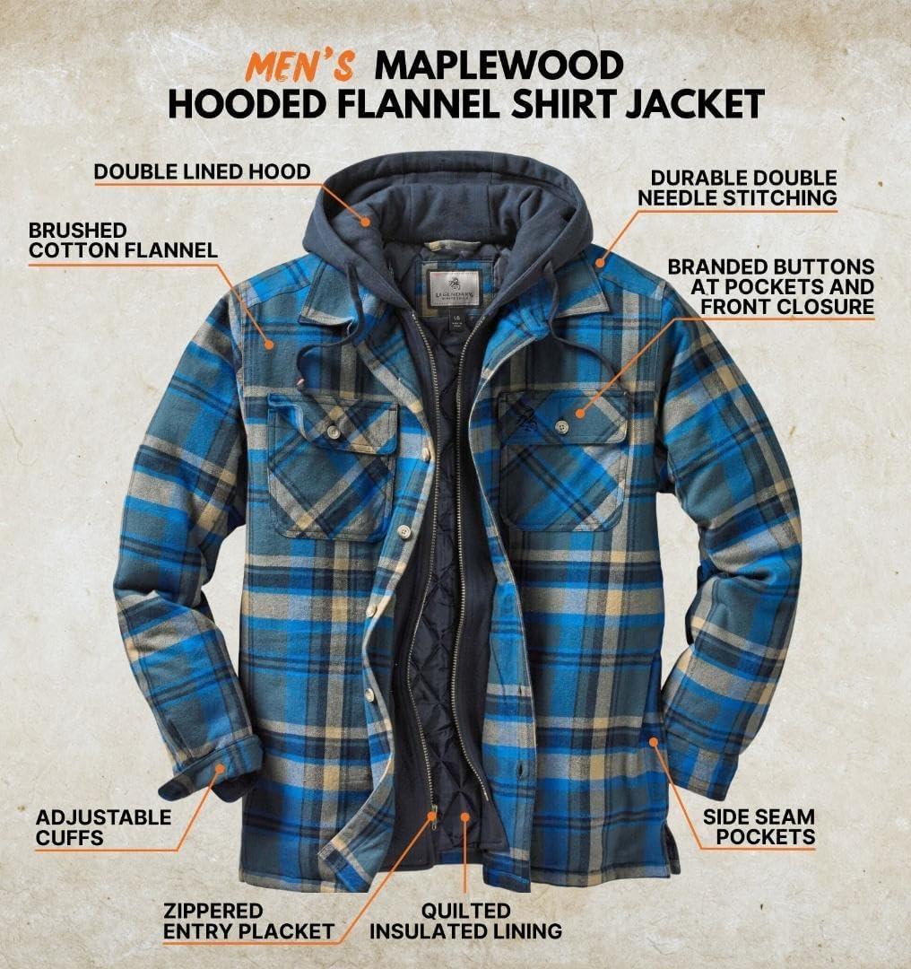 imageLegendary Whitetails Mens Plaid Flannel Shirt Jacket Quilted with Hood Polyfill InsulatedSlate Hatchet Plaid