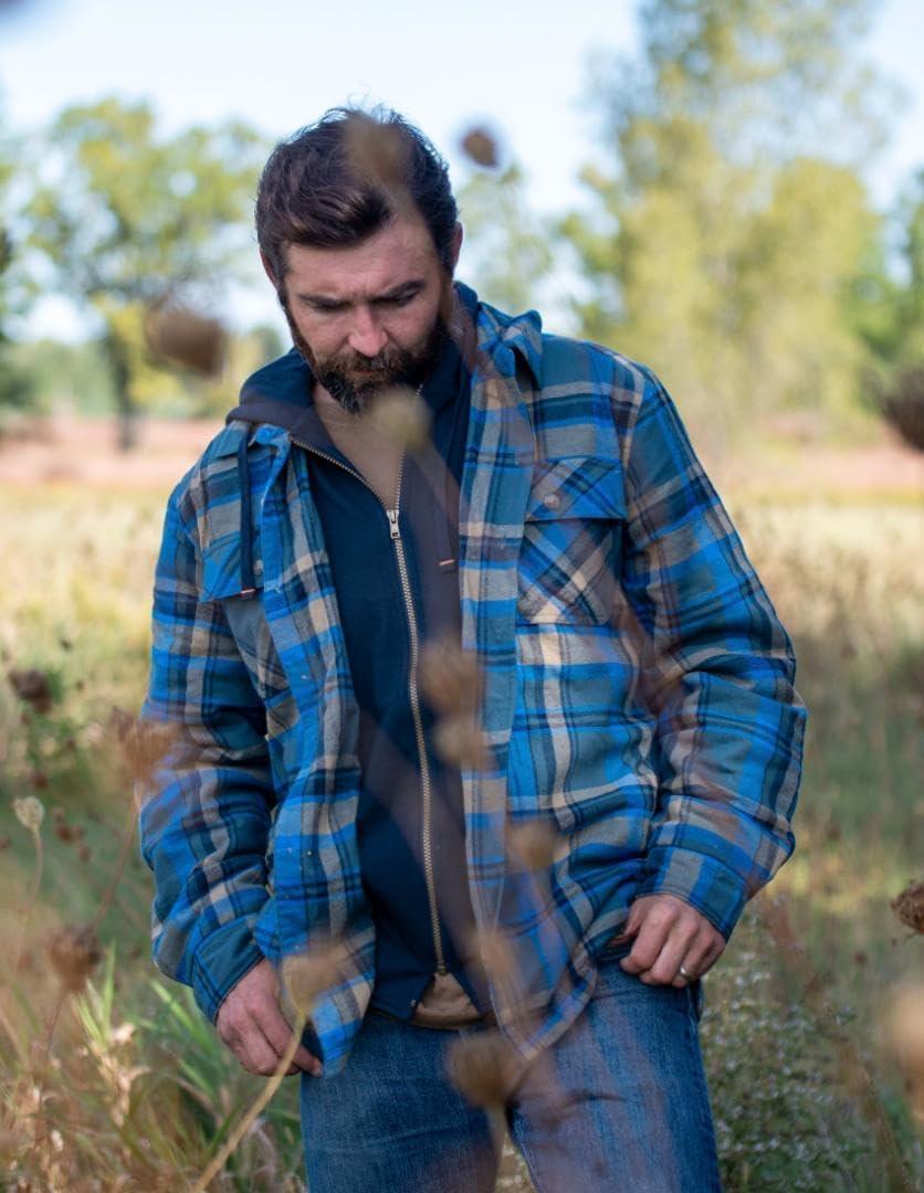 imageLegendary Whitetails Mens Plaid Flannel Shirt Jacket Quilted with Hood Polyfill InsulatedSlate Hatchet Plaid