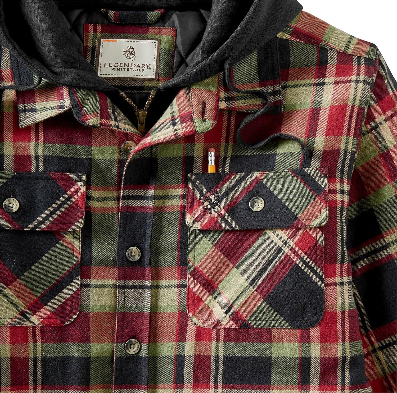 imageLegendary Whitetails Mens Plaid Flannel Shirt Jacket Quilted with Hood Polyfill InsulatedSpruce Mountain Plaid