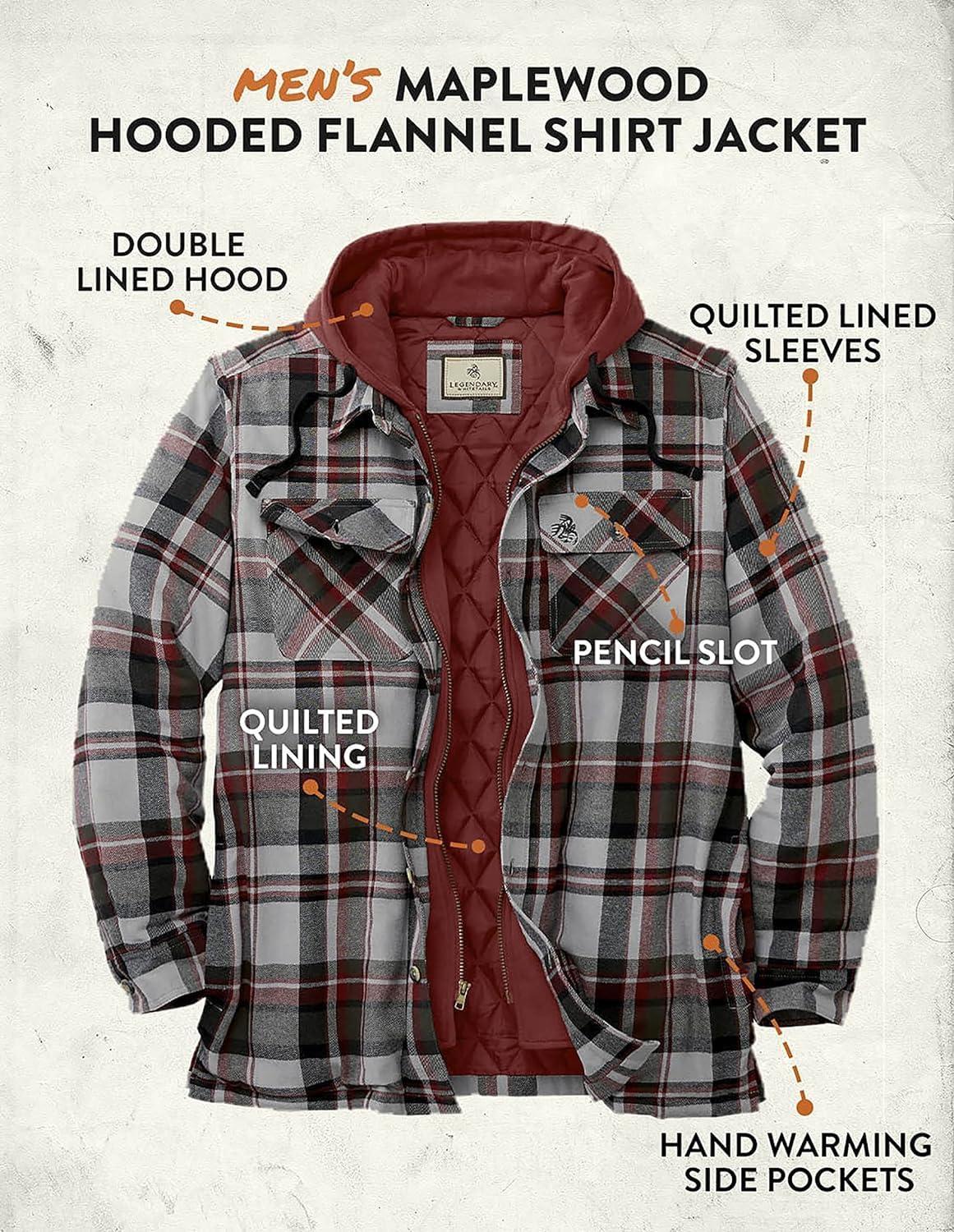 imageLegendary Whitetails Mens Plaid Flannel Shirt Jacket Quilted with Hood Polyfill InsulatedWindstorm Plaid