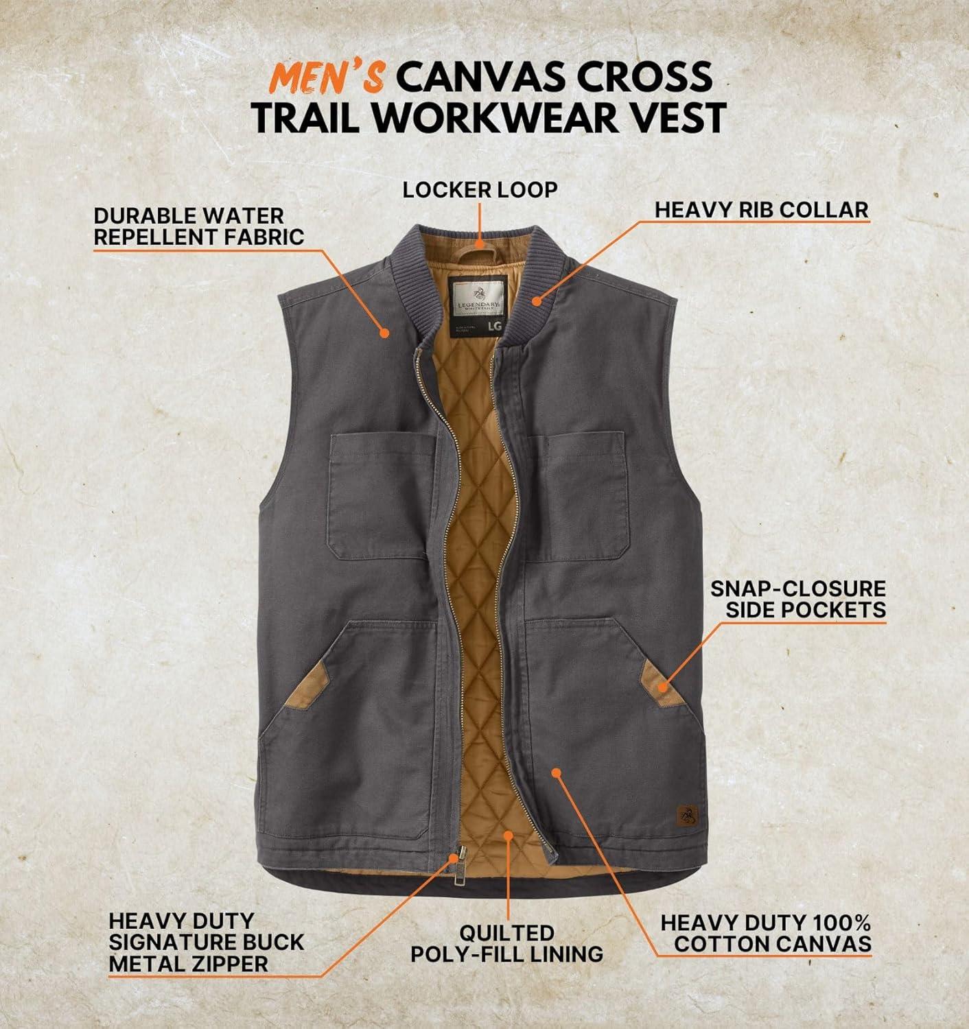 imageLegendary Whitetails Mens Quilted Canvas Vest Zip Up Heavy Duty WaterRepellent FinishCharcoal