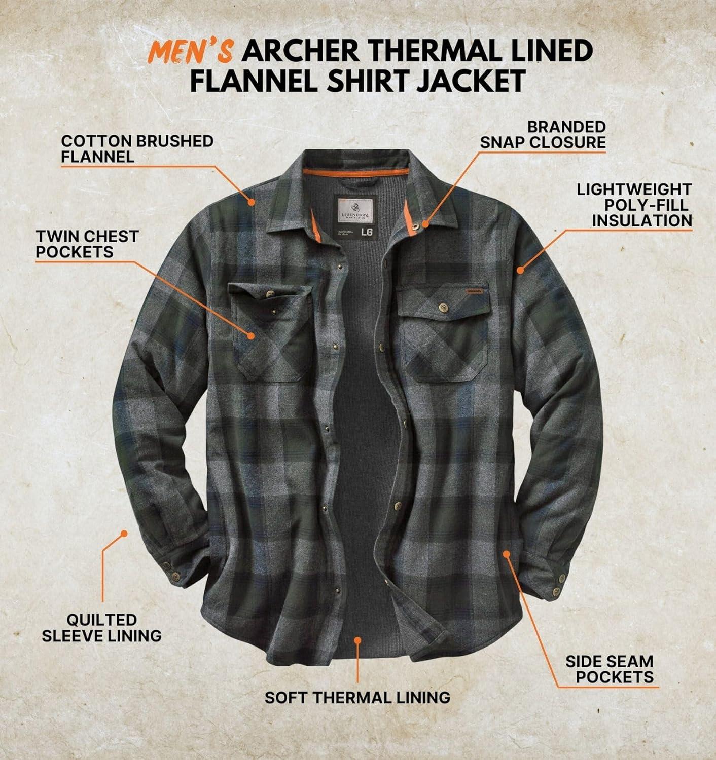 imageLegendary Whitetails Mens Thermal Lined Shirt Jacket Plaid Flannel Polyfill InsulatedBalsam Shadow Plaid