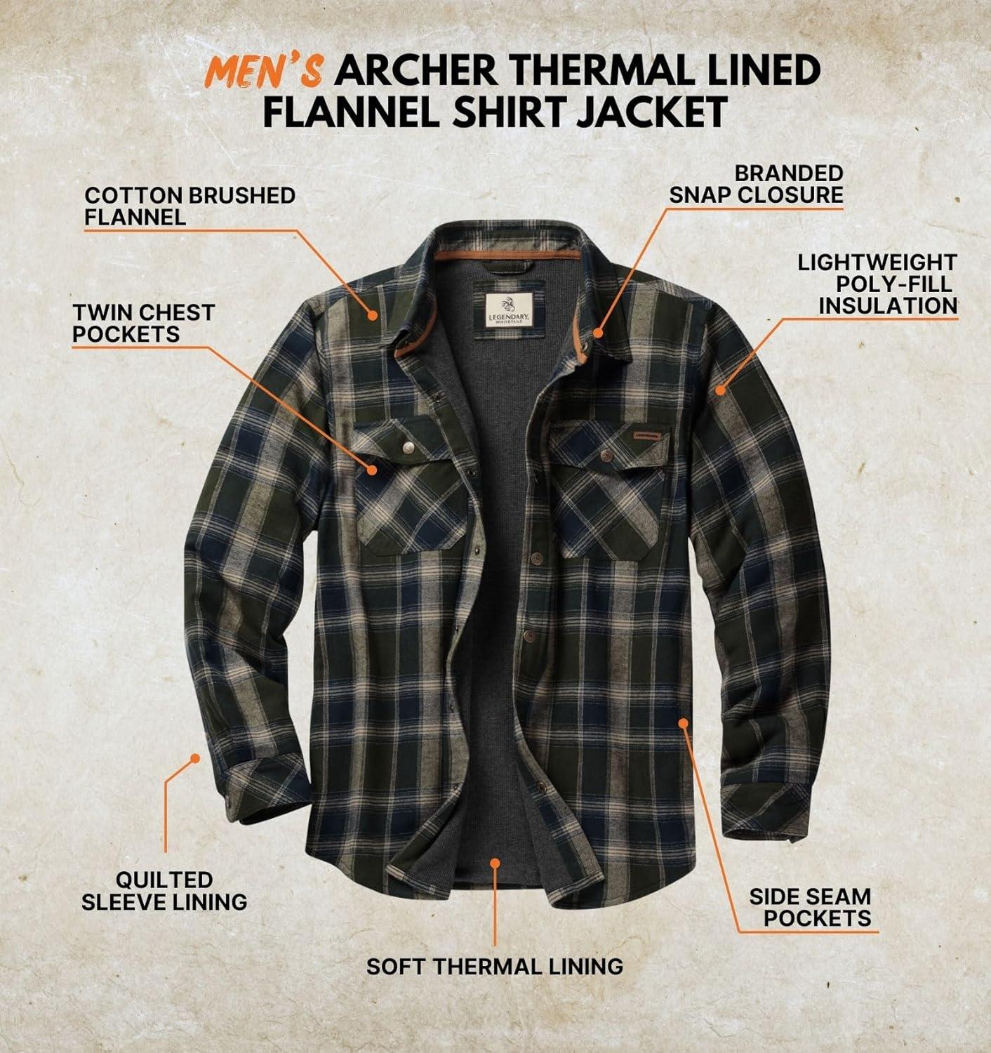 imageLegendary Whitetails Mens Thermal Lined Shirt Jacket Plaid Flannel Polyfill InsulatedBarnwood Balsam Plaid