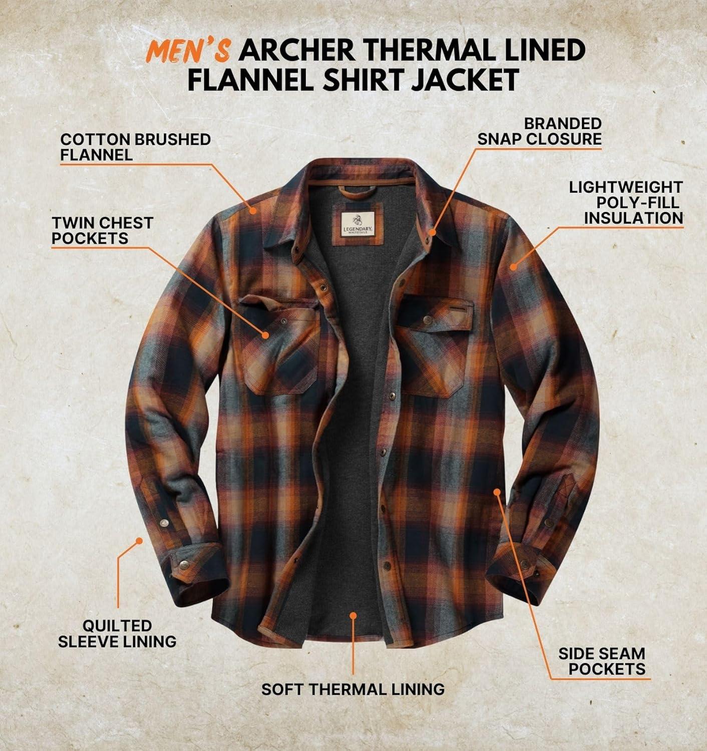 imageLegendary Whitetails Mens Thermal Lined Shirt Jacket Plaid Flannel Polyfill InsulatedBig Sky Cabin Plaid