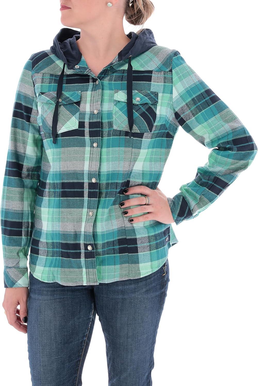 imageLegendary Whitetails Womens Flannel Shirt Hooded Heavyweight Stretch Button UpFrozen River Plaid