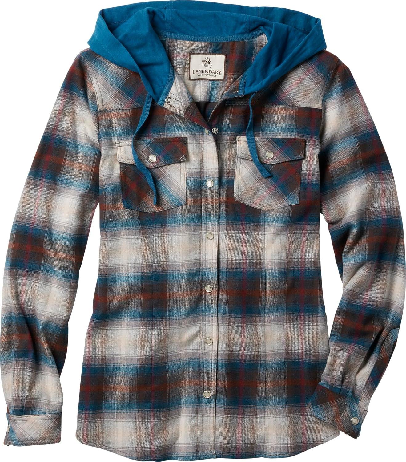 imageLegendary Whitetails Womens Flannel Shirt Hooded Heavyweight Stretch Button UpTeal Brown