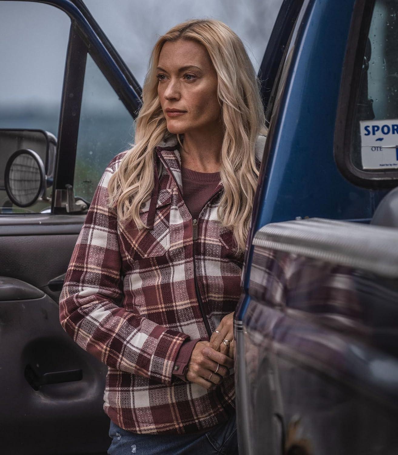 imageLegendary Whitetails Womens Hooded Shacket Berber Lined Shirt Jacket with Drawstring HoodMountain Sunset Plaid