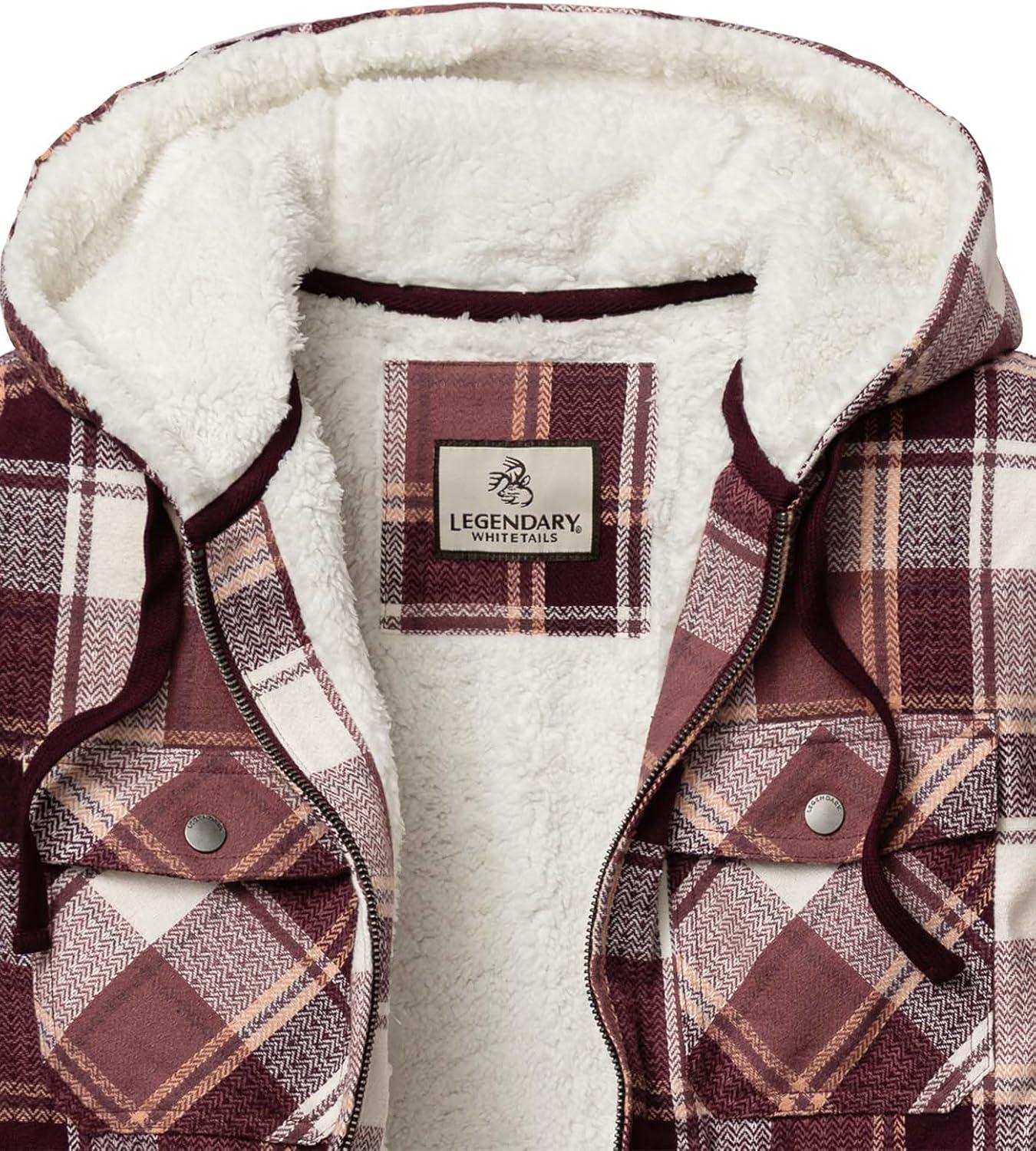 imageLegendary Whitetails Womens Hooded Shacket Berber Lined Shirt Jacket with Drawstring HoodMountain Sunset Plaid