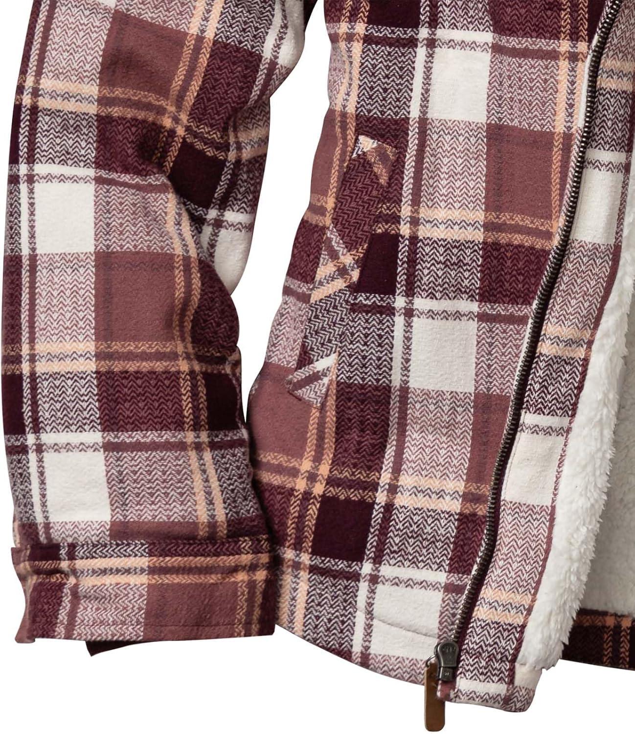 imageLegendary Whitetails Womens Hooded Shacket Berber Lined Shirt Jacket with Drawstring HoodMountain Sunset Plaid
