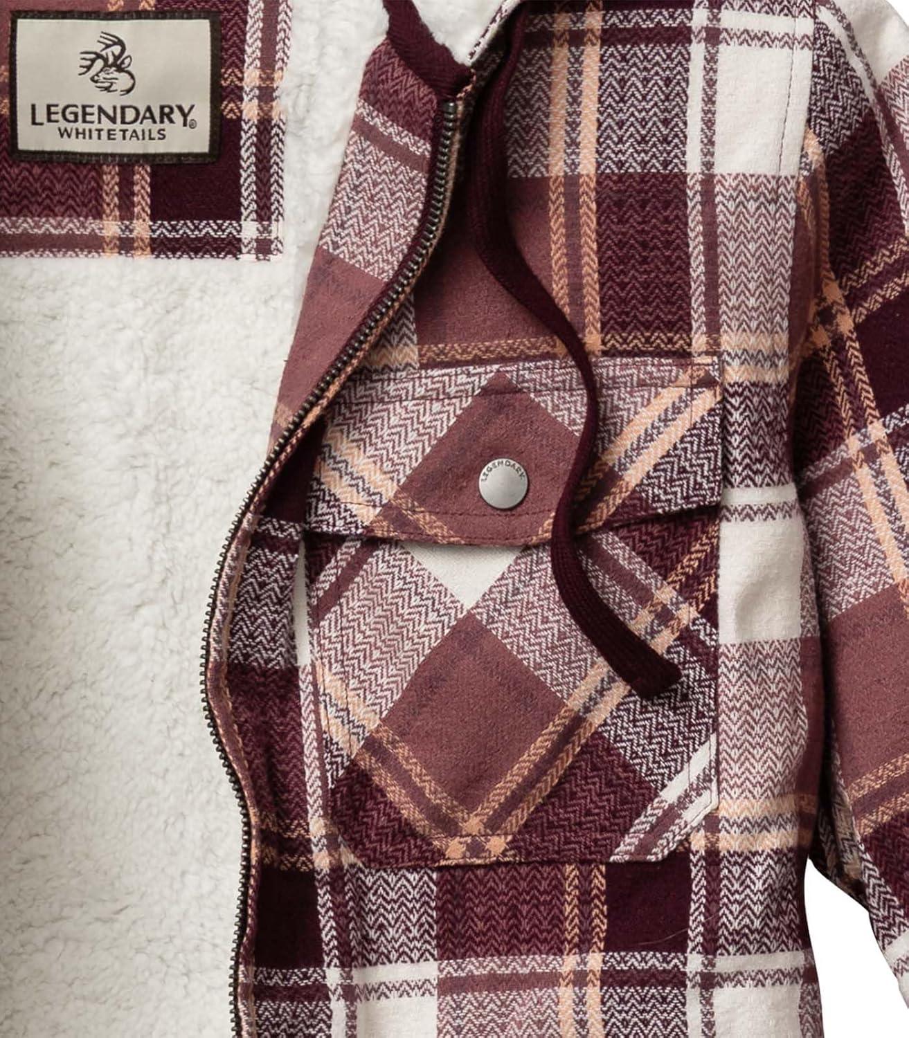 imageLegendary Whitetails Womens Hooded Shacket Berber Lined Shirt Jacket with Drawstring HoodMountain Sunset Plaid