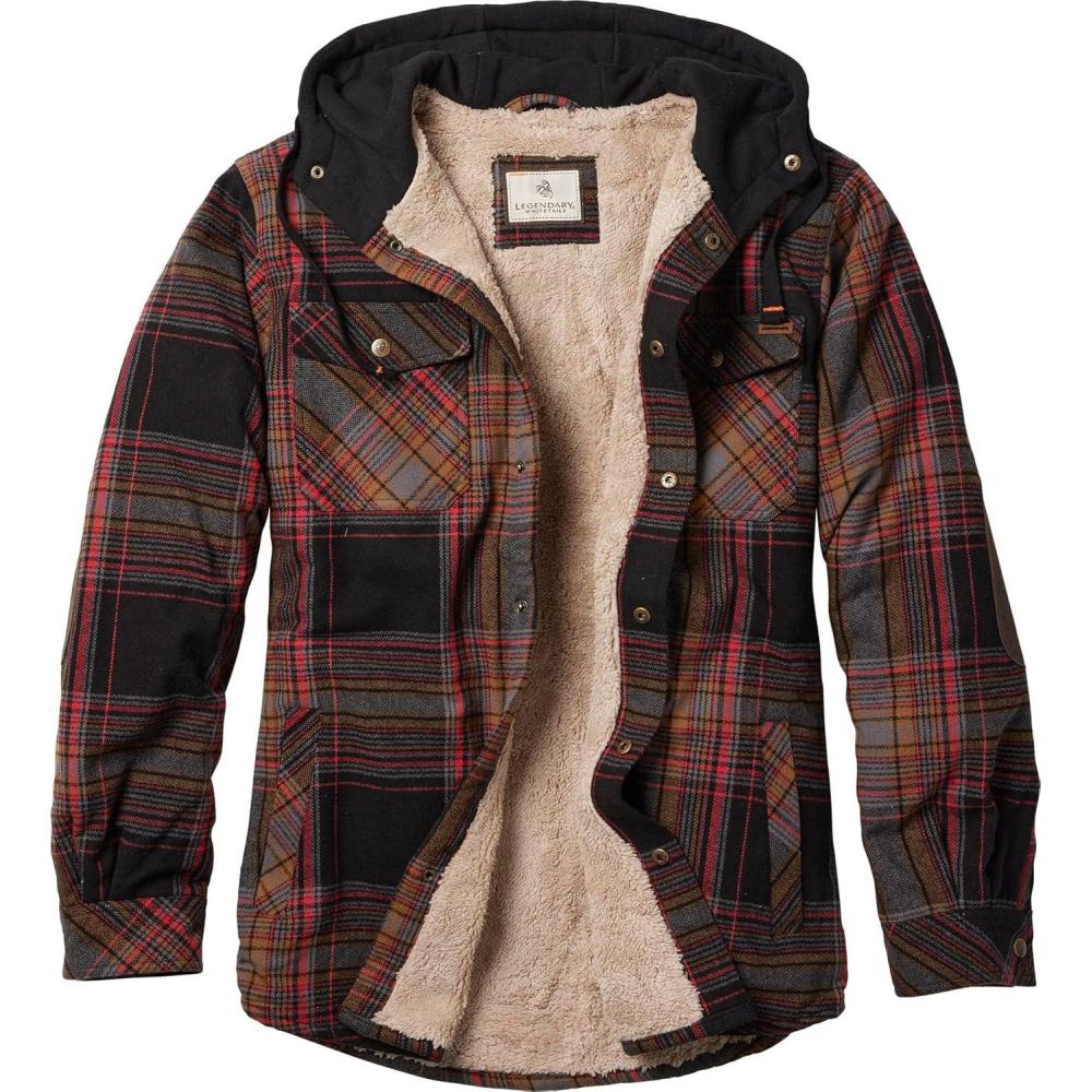 imageLegendary Whitetails Mens Hooded Shirt Jacket Plaid Flannel Berber Lined Polyfill InsulatedLicorice Root Plaid