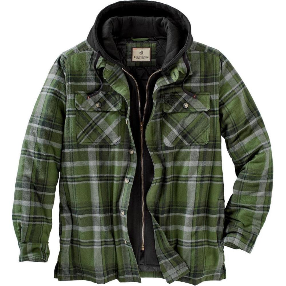 imageLegendary Whitetails Mens Plaid Flannel Shirt Jacket Quilted with Hood Polyfill InsulatedArmy Green Plaid