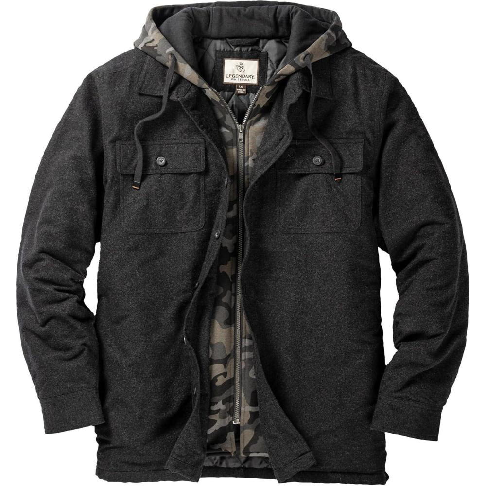 imageLegendary Whitetails Mens Plaid Flannel Shirt Jacket Quilted with Hood Polyfill InsulatedBlack Heather
