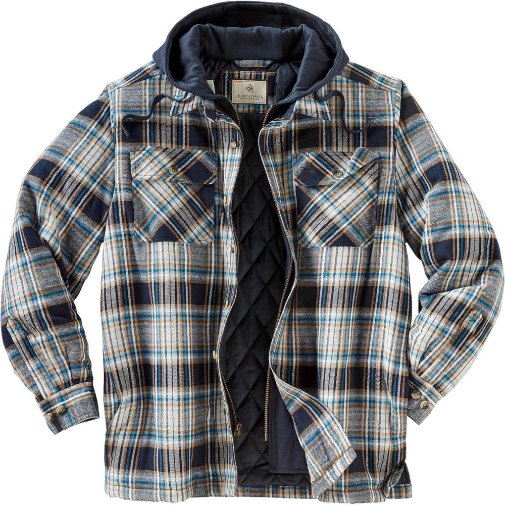 imageLegendary Whitetails Mens Plaid Flannel Shirt Jacket Quilted with Hood Polyfill InsulatedBlue Dusk Plaid