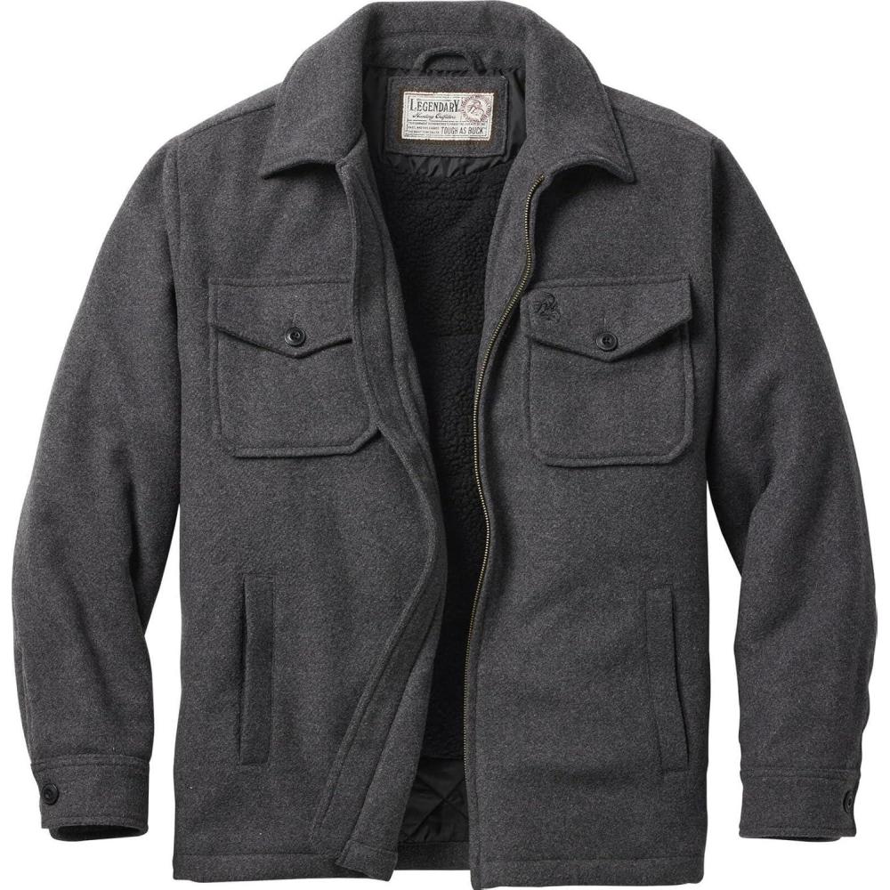 imageLegendary Whitetails Mens Wool Blend Jacket Quilted Satin Insulated Sleeves Sherpa LinedCharcoal Heather