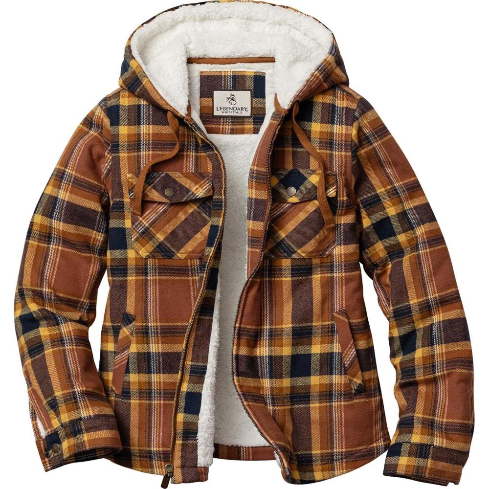 imageLegendary Whitetails Womens Hooded Shacket Berber Lined Shirt Jacket with Drawstring HoodLake Cabin Plaid