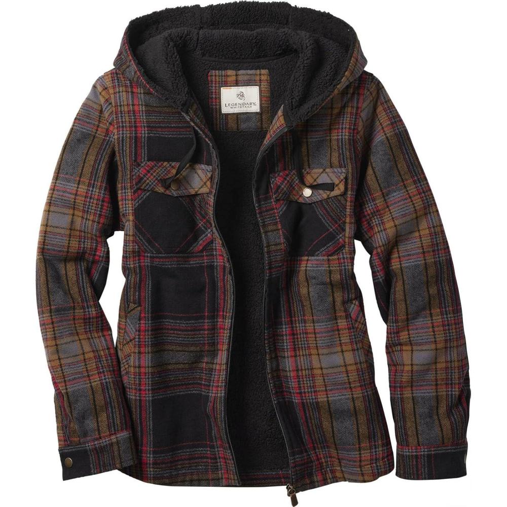 imageLegendary Whitetails Womens Hooded Shacket Berber Lined Shirt Jacket with Drawstring HoodLicorice Root Plaid