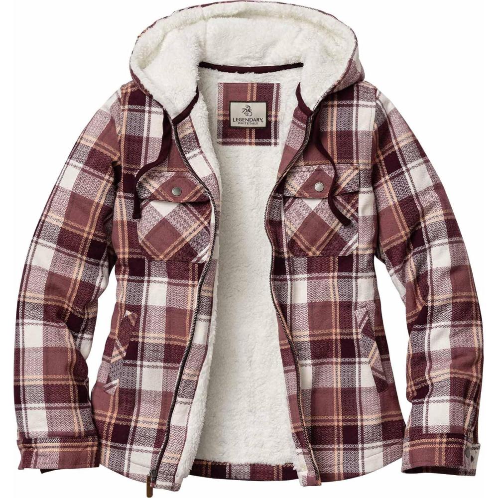 imageLegendary Whitetails Womens Hooded Shacket Berber Lined Shirt Jacket with Drawstring HoodMountain Sunset Plaid