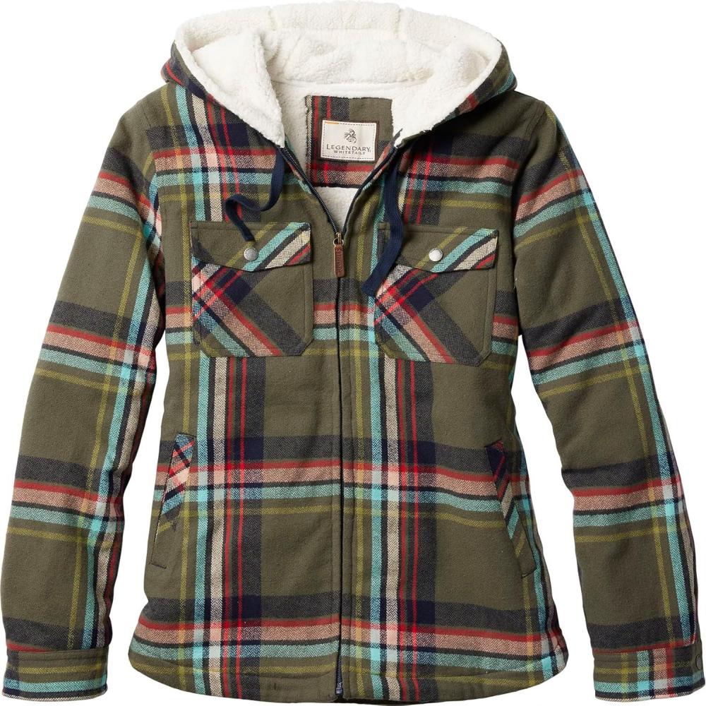 imageLegendary Whitetails Womens Hooded Shacket Berber Lined Shirt Jacket with Drawstring HoodOlive Festival Plaid