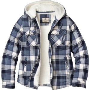 Legendary Whitetails Women’s Hooded Shacket Berber Lined Shirt Jacket with Drawstring Hood(Midnight Moon Plaid)