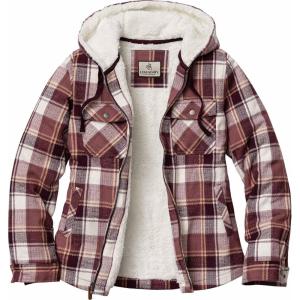 Legendary Whitetails Women’s Hooded Shacket Berber Lined Shirt Jacket with Drawstring Hood(Mountain Sunset Plaid)