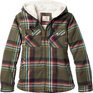 Legendary Whitetails Women’s Hooded Shacket Berber Lined Shirt Jacket with Drawstring Hood(Olive Festival Plaid)